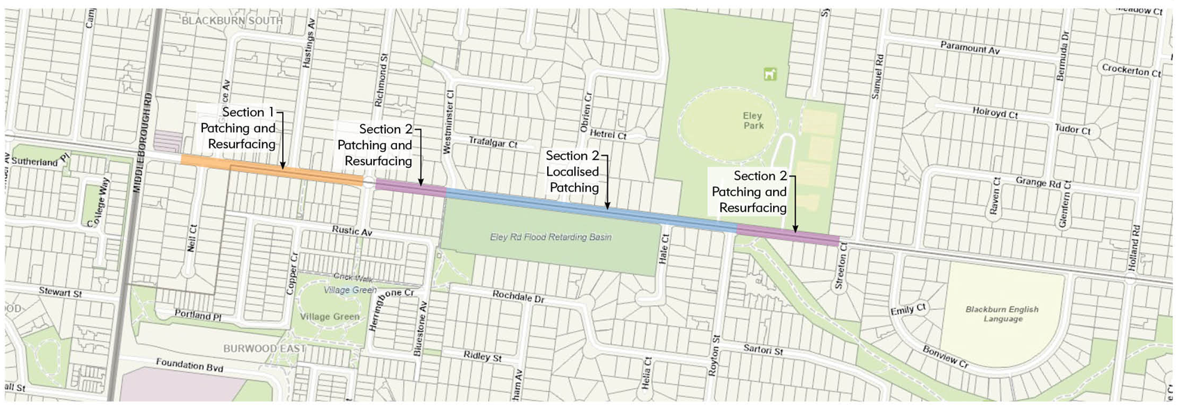 Map of Road resurfacing works – Eley Road, Blackburn South