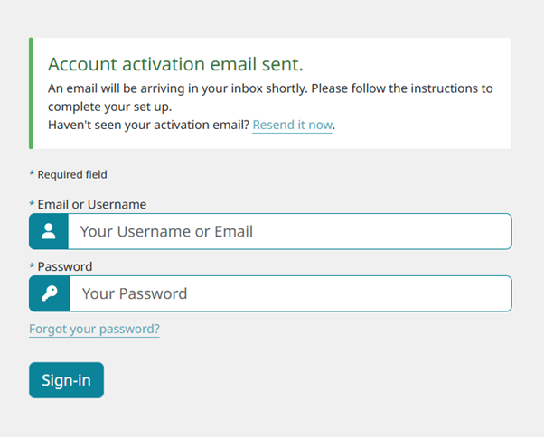 Account activation email sent