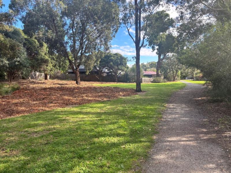 Gravel path to right of image and mulched area to left of image with established trees spotted in background