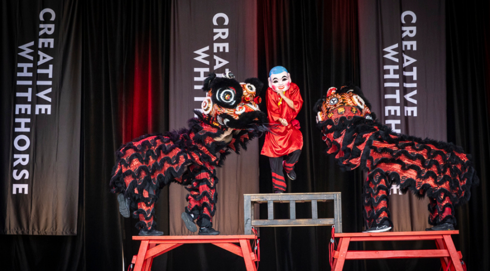 two red chinese lion dancers performing 