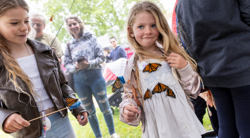 Young child looking at the camera with live butterfly's on her clothes