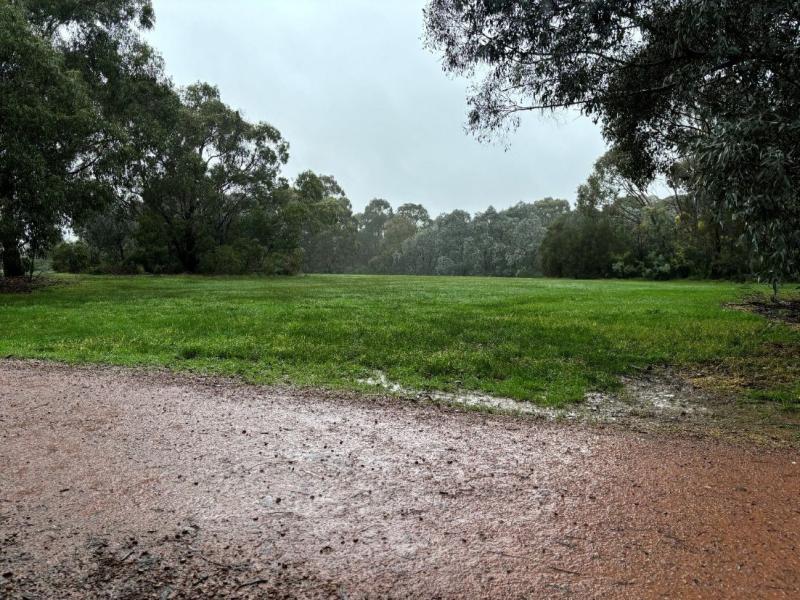 Open green grassed area with clay path in foreground 