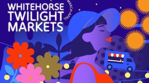 Markets logo with girl in hat, food truck and lights