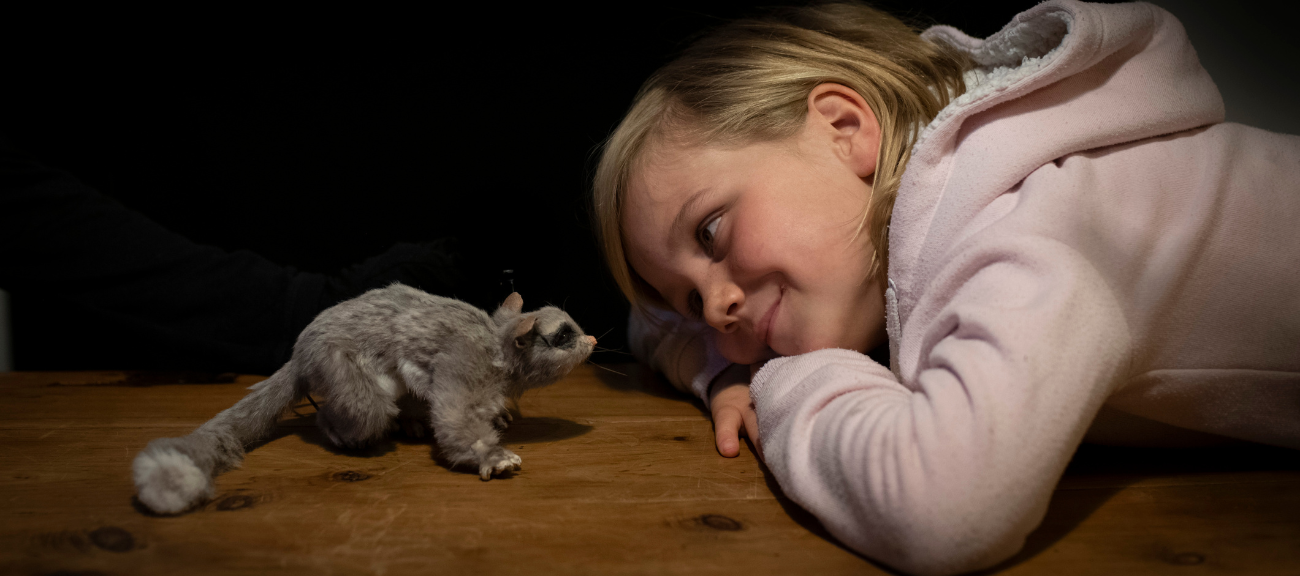 young blonde girl laying on her stomach looking at a small possum puppet that is looking at her