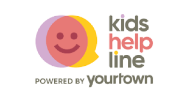 Image of Kids Help Line Logo - text reading Kids help line, the word help is in red. The text sits to the right of a smiley face.