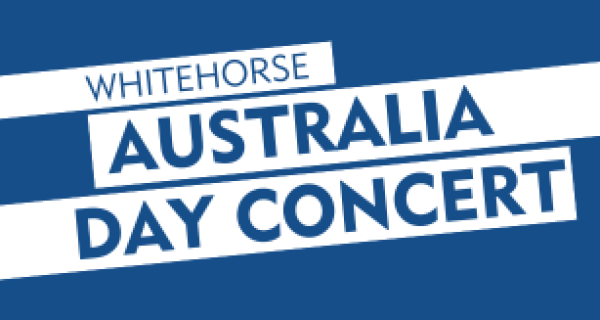 Graphic reading Whitehorse Australia Day Concert on blue background