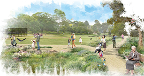 artist impression of Billabong Park with families walking the paths and an older lady sitting on a park bench