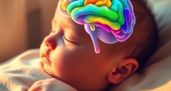 Picture of a baby with a colourful brain overlay to represent brain development