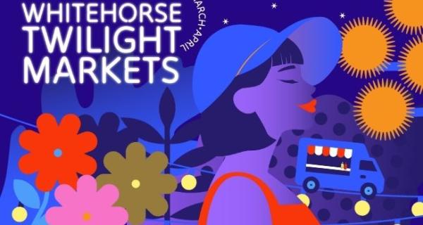 Markets logo with girl in hat, food truck and lights