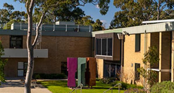 view from back entrance of civic centre looking at garden artwork