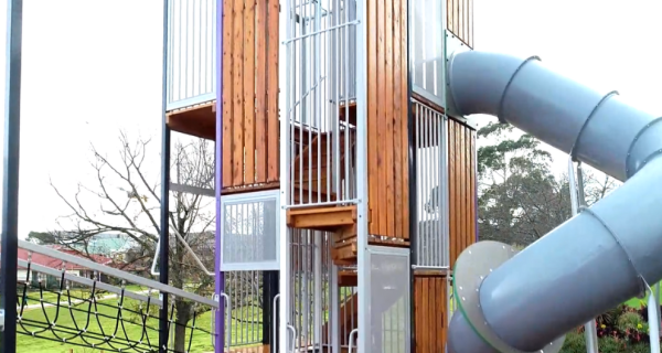 playground with climbing frame and slide
