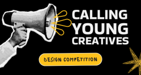 Bold text 'calling young creatives' next to a megaphone with subheading 'design compeition'