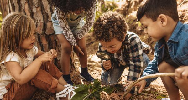 Group of children huddled together looking for bug through a magnifying glass
