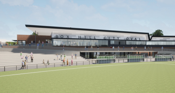 Artists impression of new western pavilion at Box Hill Oval