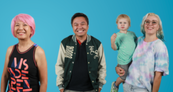 4 people in front of a blue background