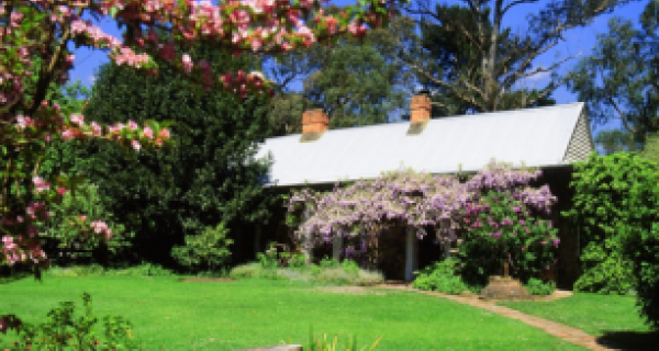 old cottage with green meadow and trees 