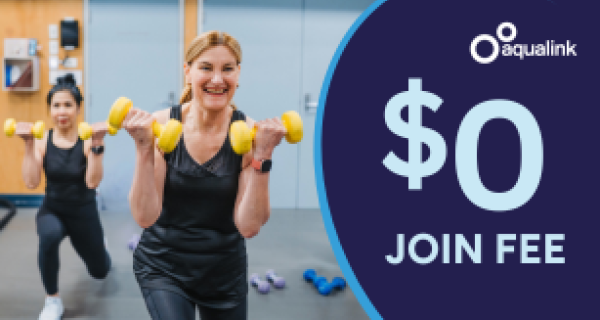 Image of two women holding brightly coloured dumbbells and smiling. Text overlay on a bold background that reads $0 Join Fee
