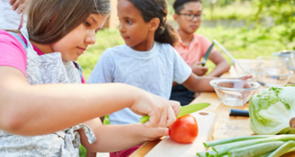 three children sitting at a wooden picnic table cutting up vegetables 