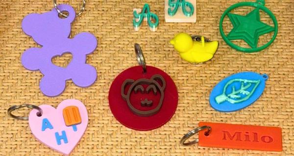 A collection of 3D printed keyrings 
