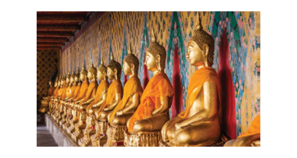 Gold and orange row of Buddhist statues