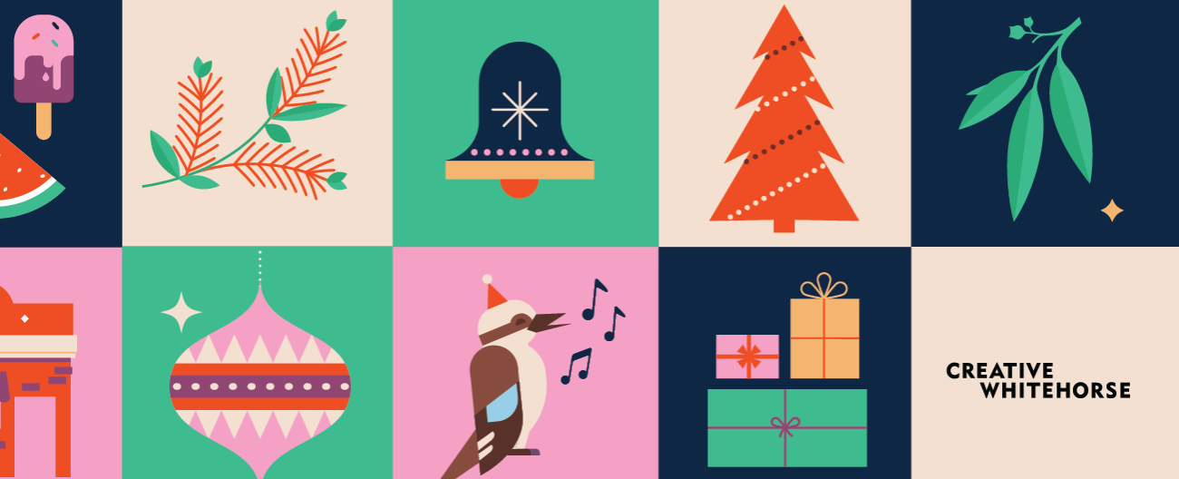 Graphic of 9 tiles showing festive things: a Christmas tree, a singing kookaburra, wrapped presents, a bell and more