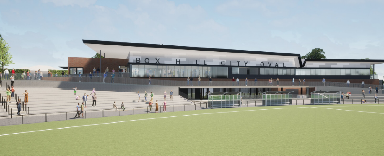 Artists impression of new western pavilion at Box Hill Oval