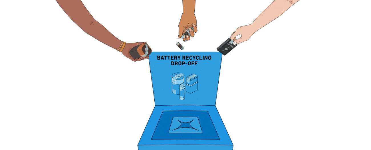 Graphic of hands dropping off batteries for recycling