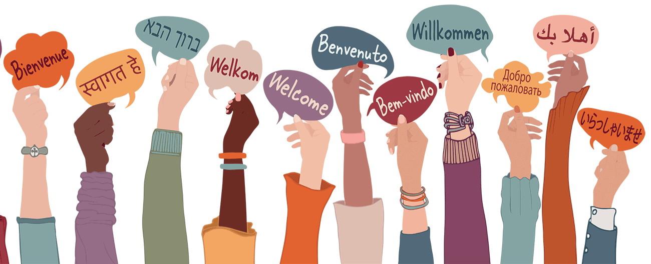 drawings of hands holding Welcome signs in different languags
