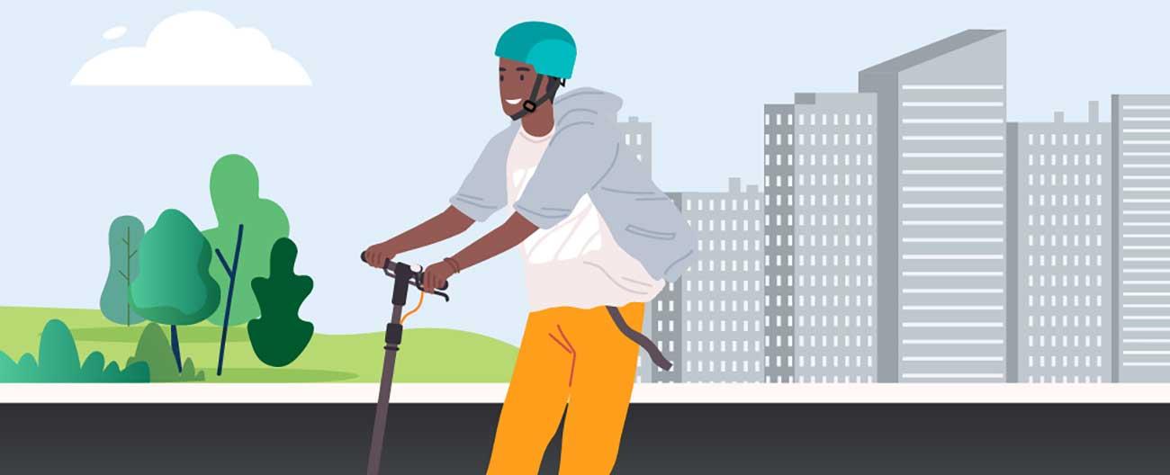 Graphic of man riding scooter on road in a city with helmet on