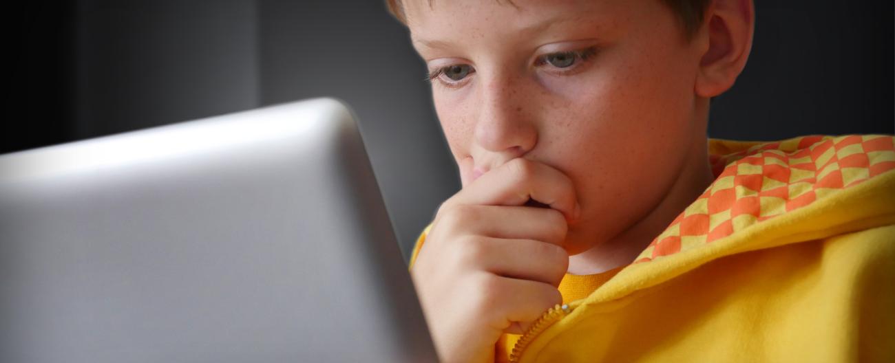 Young boy looking concerned at his laptop screen